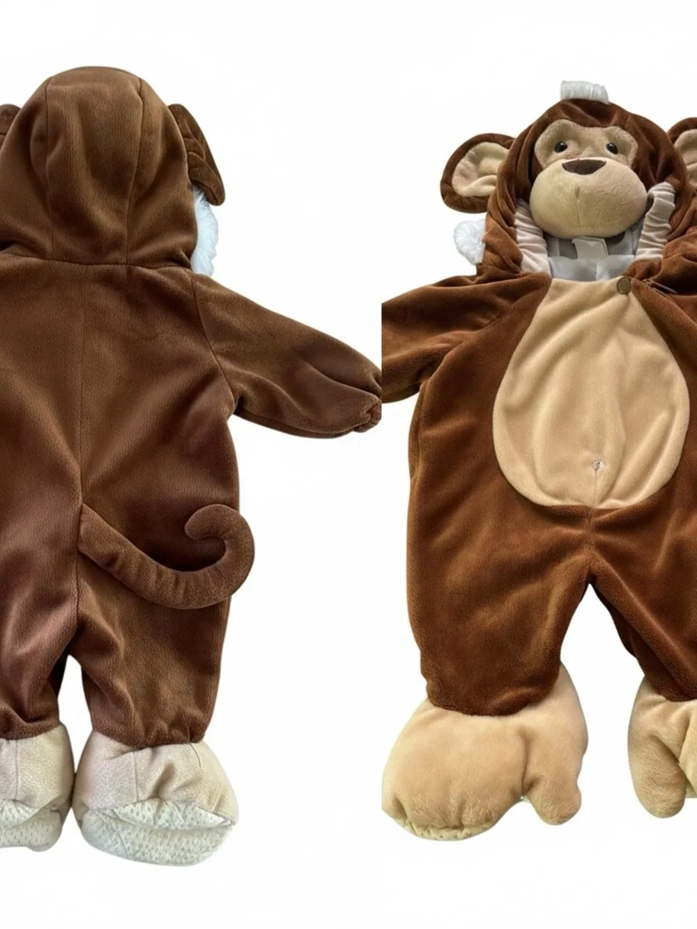 Plush Brown Beige Monkey Halloween Costume Infant Hooded Jumpsuit‎ Side Zip 0-6